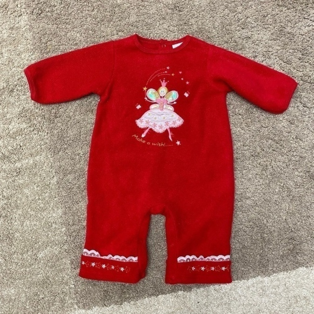 VINTAGE Okie Dokie red fuzzy one piece with pink fairy princess “make a wish”